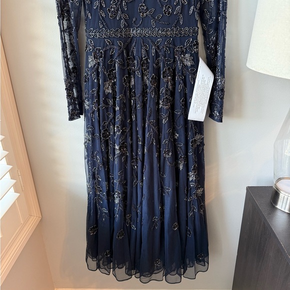 MAC DUGGAL Navy Beaded Illusion High Neck Long Sleeve A Line Dress NEW! S #10799 - Picture 6 of 13